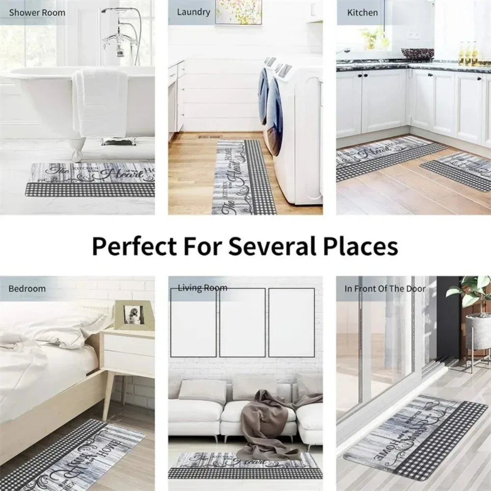 A collection of modern checkered floor mats shown in various contexts including a kitchen, laundry area, and entrance