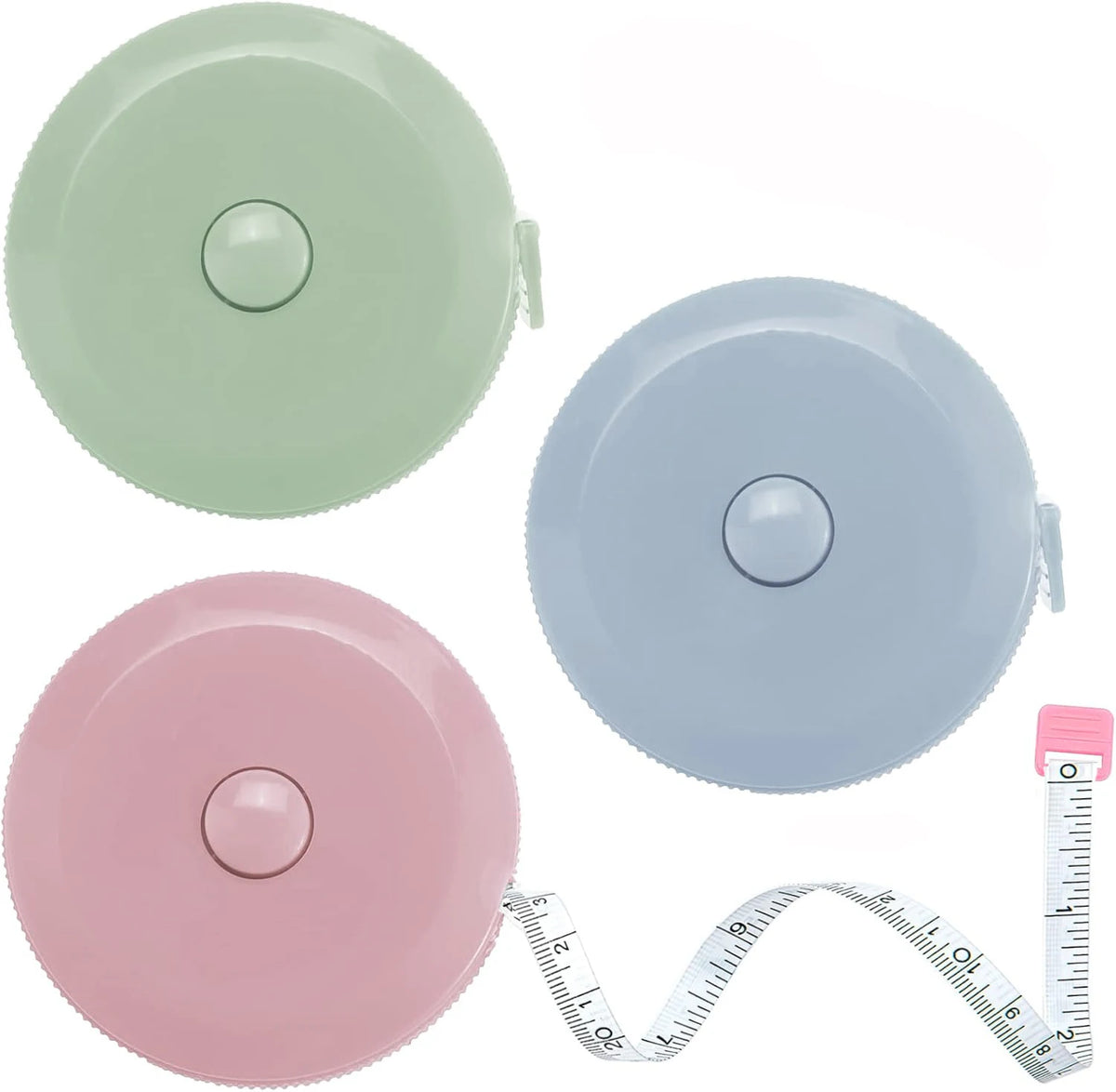 A set of two flexible body measuring tapes in light green and pink colors with a ruler.