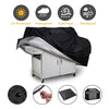 A black heavy-duty BBQ grill cover is shown open, featuring UV protection, waterproof, dust-proof, and wind-proof qualities.