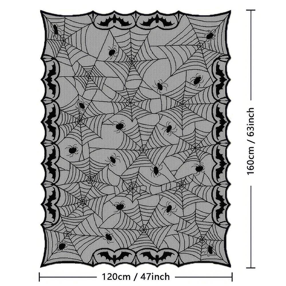 Black spider web lace table runner featuring intricate spider webs and bats for Halloween decor