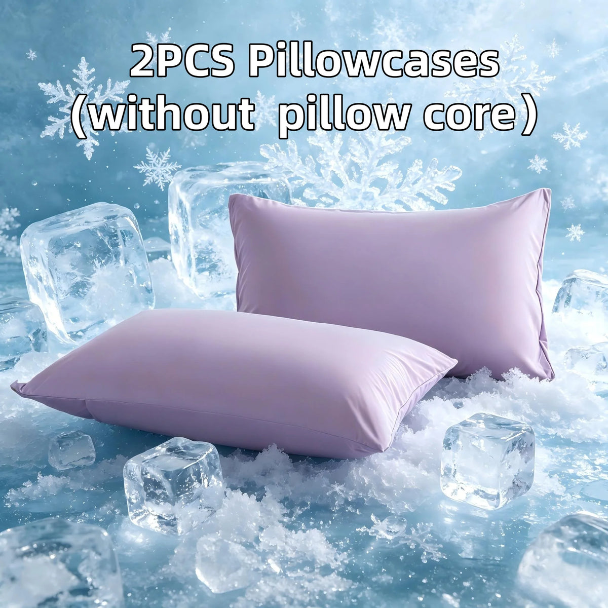 Two pink pillowcases without a core resting on ice with snowflakes
