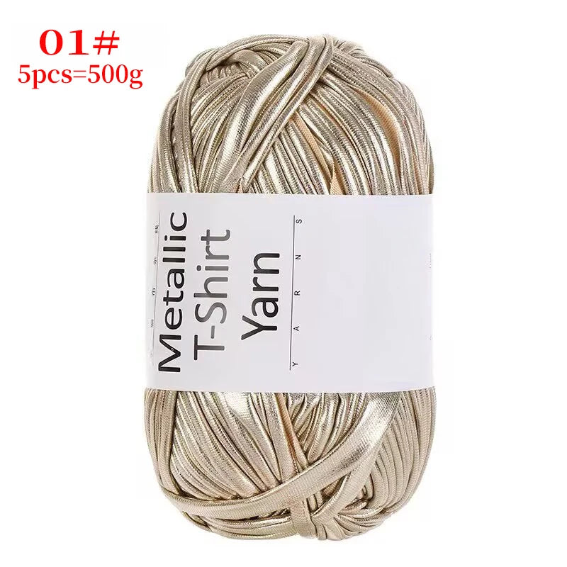 A ball of metallic gold T-shirt yarn for crochet and DIY crafts