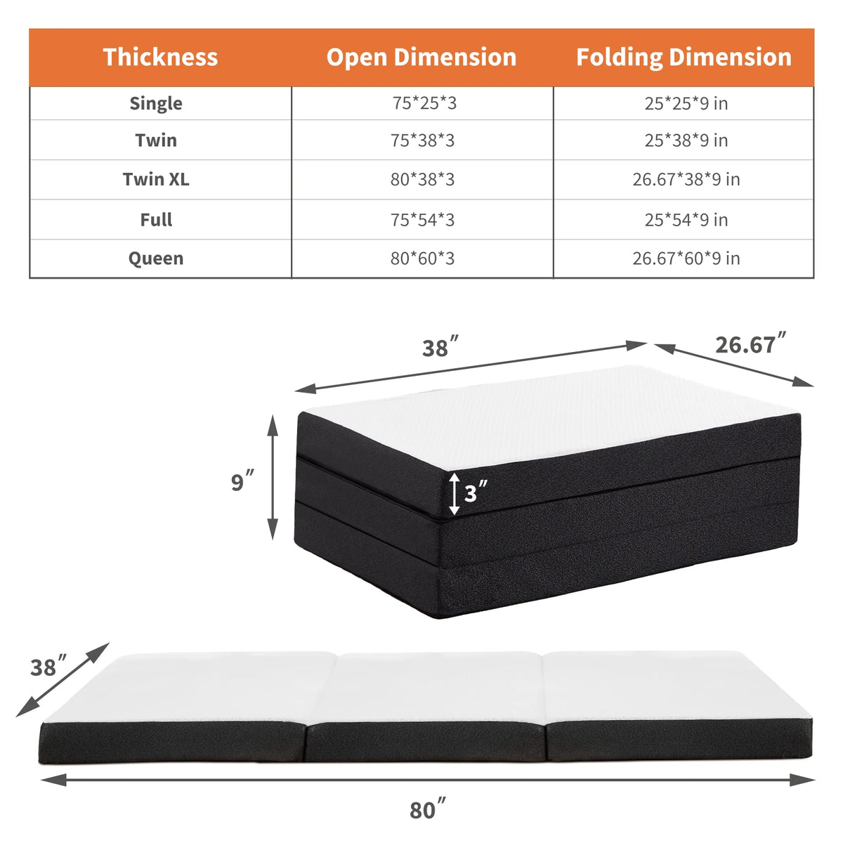 Diagrams showing the dimensions and folding options for a tri-fold memory foam mattress.