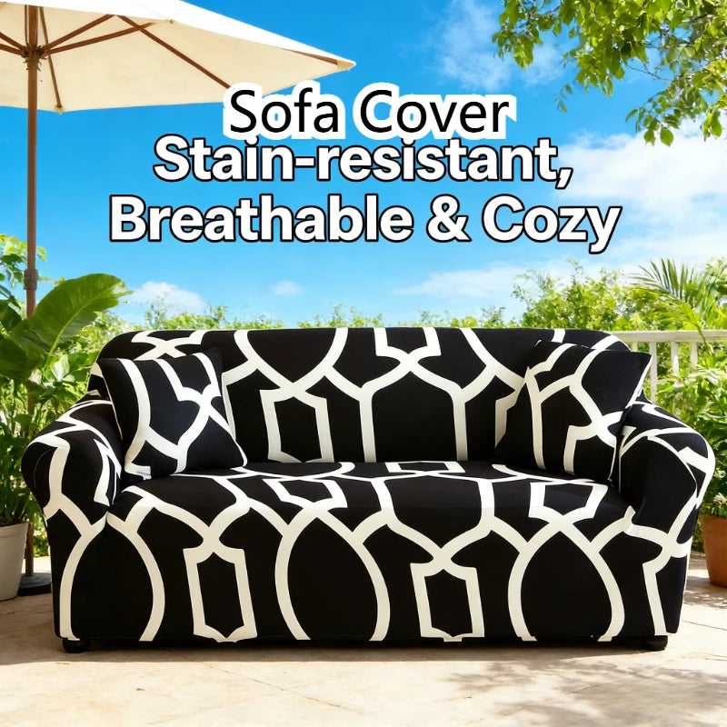 Black and white patterned sofa cover displayed outdoors on a patio.