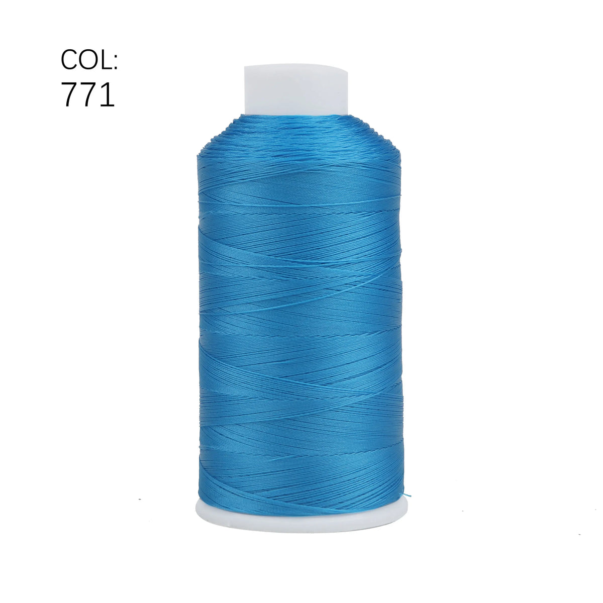 A spool of bright blue heavy duty nylon sewing thread with a white cap.
