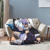 A flannel throw blanket featuring an artistic print of Gojo Satoru from Jujutsu Kaisen