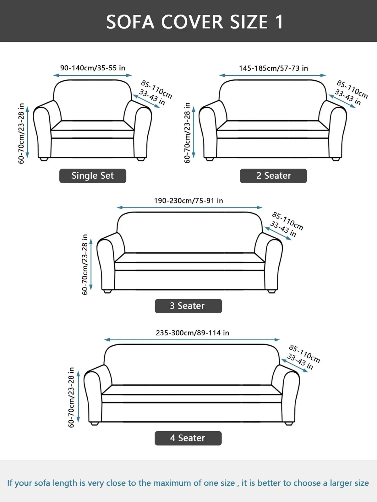 Diagram showing various sizes of sofa covers, including single set, 2 seater, 3 seater, and 4 seater options.