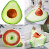 A bright green avocado shaped blanket throw with a sliced avocado design.