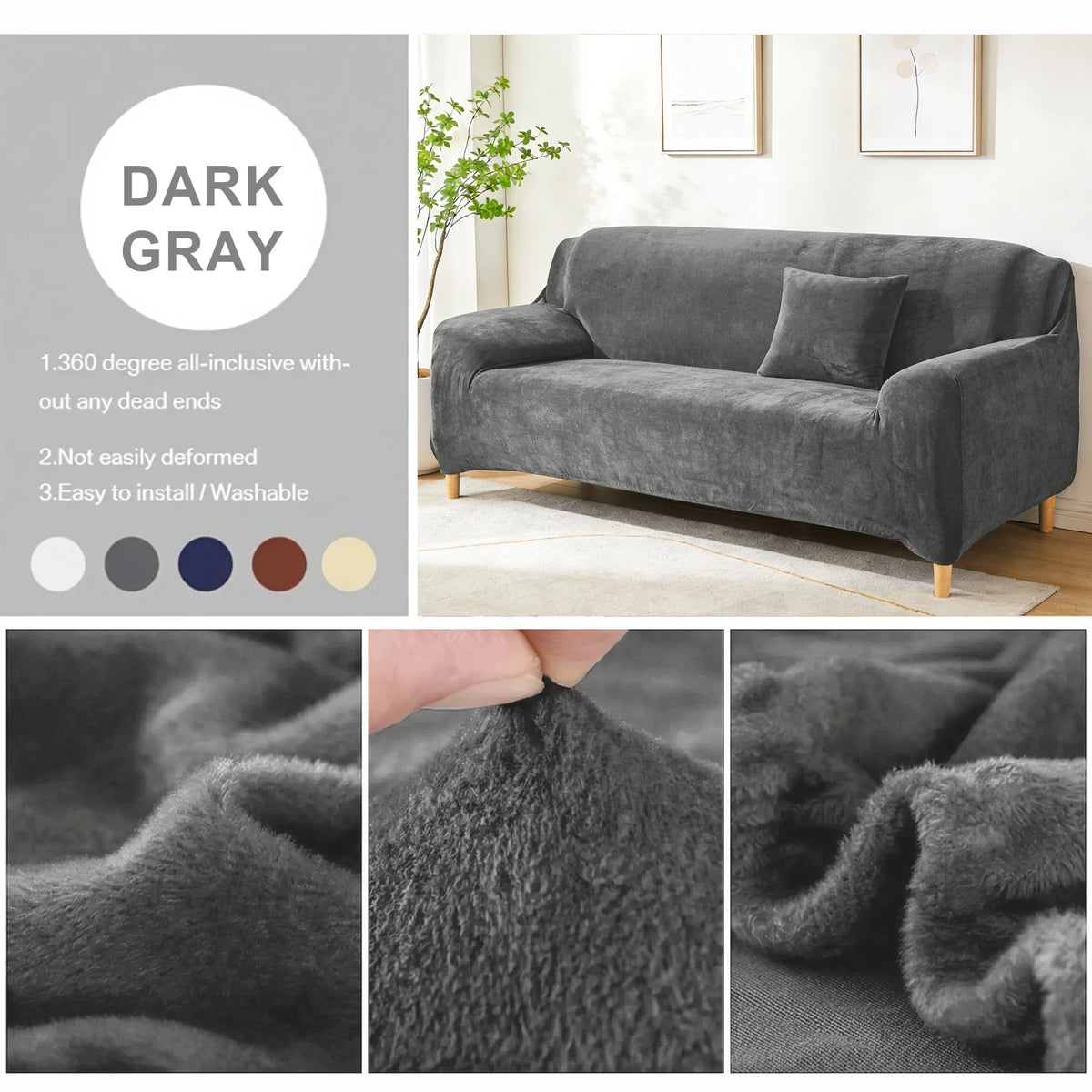 A dark gray stretch velvet sofa slipcover displayed on a light-colored rug, showing close-ups of the fabric texture.