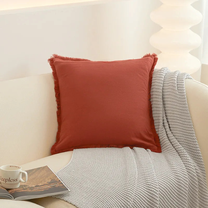 Washed Cotton Solid Cushion Cover with Tassel Fringe