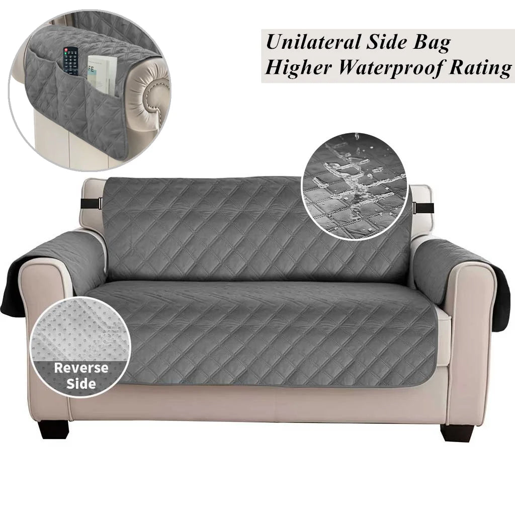 Gray quilted sofa slipcover with a unilateral side bag and waterproof rating details.