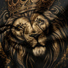 A detailed illustration of a lion's head with a crown, rendered in earthy tones and dark shadows.