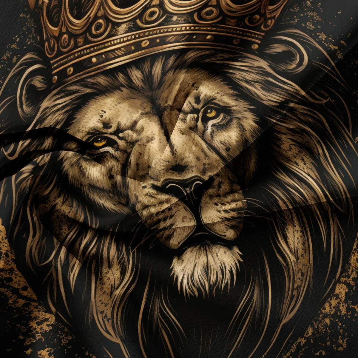 A detailed illustration of a lion's head with a crown, rendered in earthy tones and dark shadows.