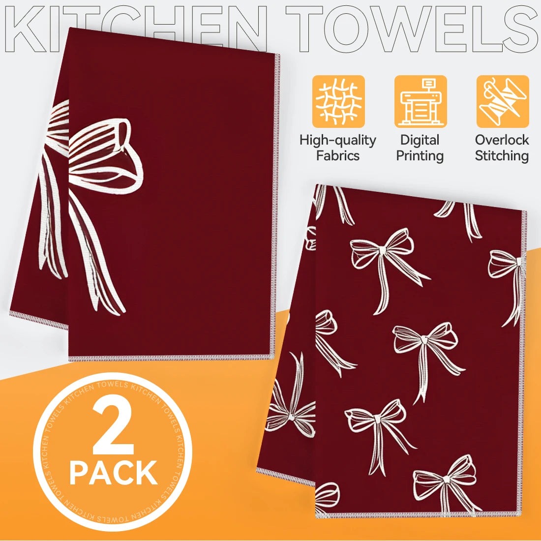 A set of two maroon kitchen towels featuring white floral and bow patterns, showing high-quality fabrics and overlock stitchi