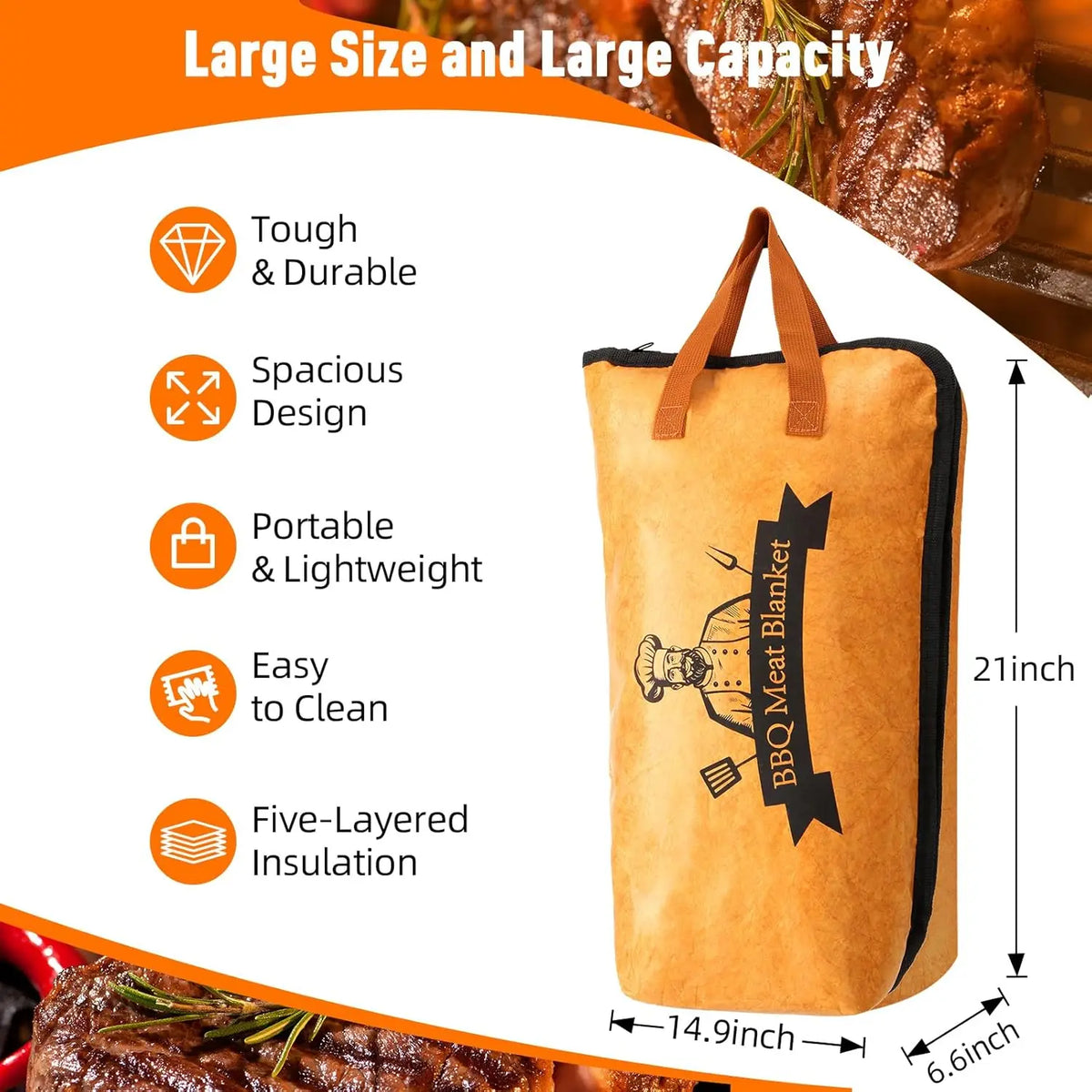 A tan insulated bag with handles is shown next to cooked meat, highlighting its tough design and five-layered insulation.