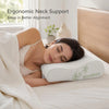 A woman sleeping comfortably on an ergonomic neck support pillow with a bamboo cover.
