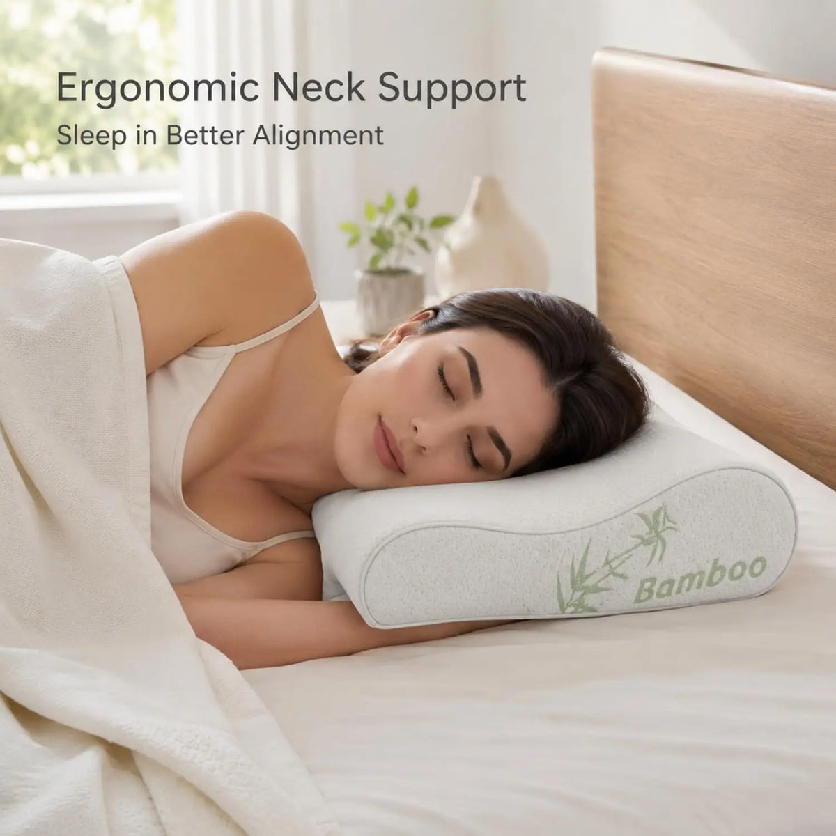 A woman sleeping comfortably on an ergonomic neck support pillow with a bamboo cover.