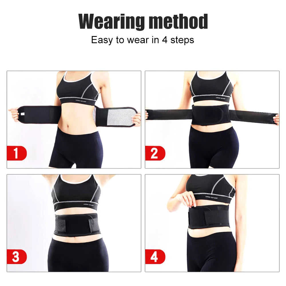 Instructions showing 4 steps to wear a magnetic therapy waist belt for lumbar support