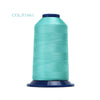 A spool of teal polyester embroidery thread with a blue cap and base.
