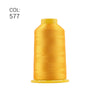 A spool of bright yellow polyester embroidery thread labeled COL: 577.
