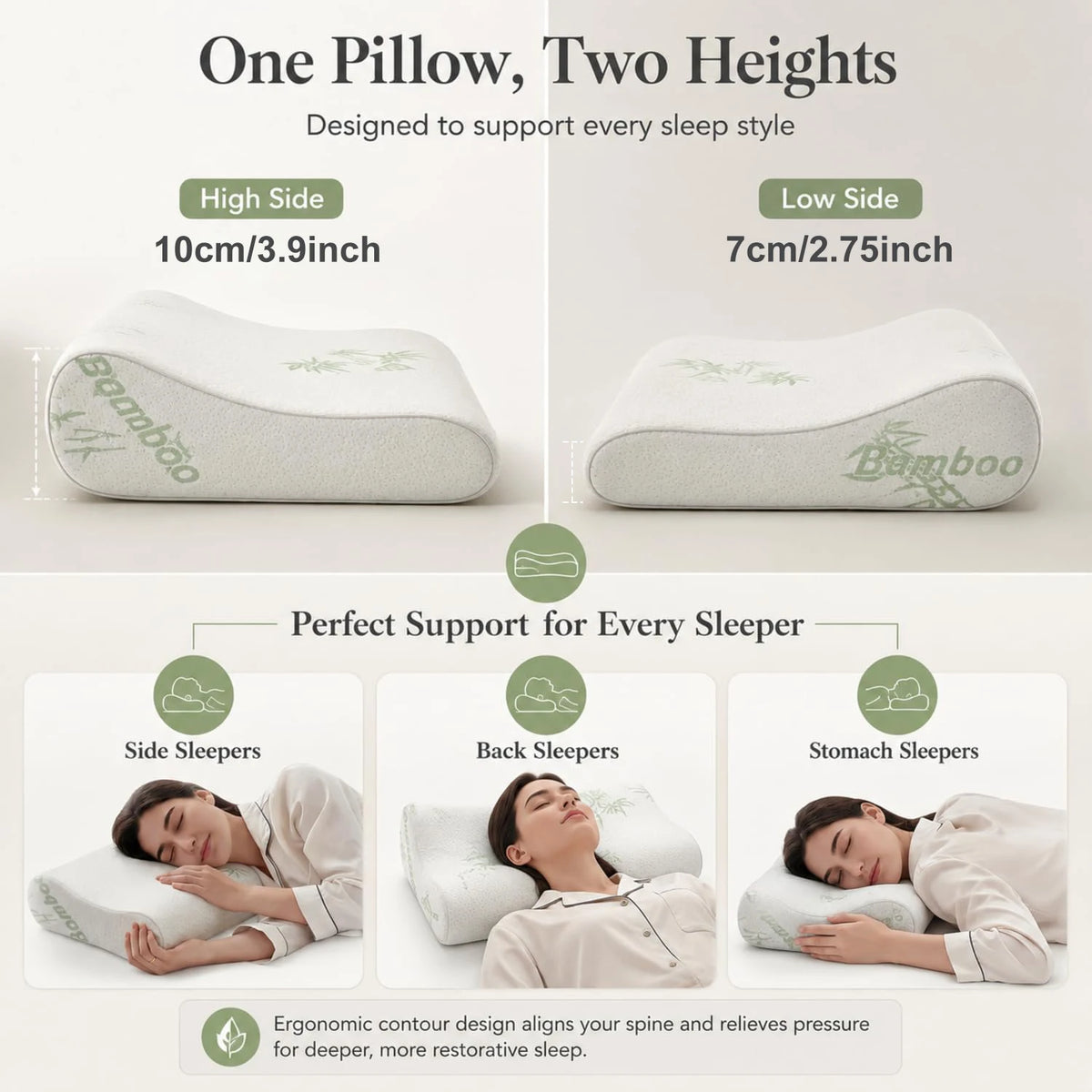 Two height options of a contoured memory foam pillow designed for different sleep styles.