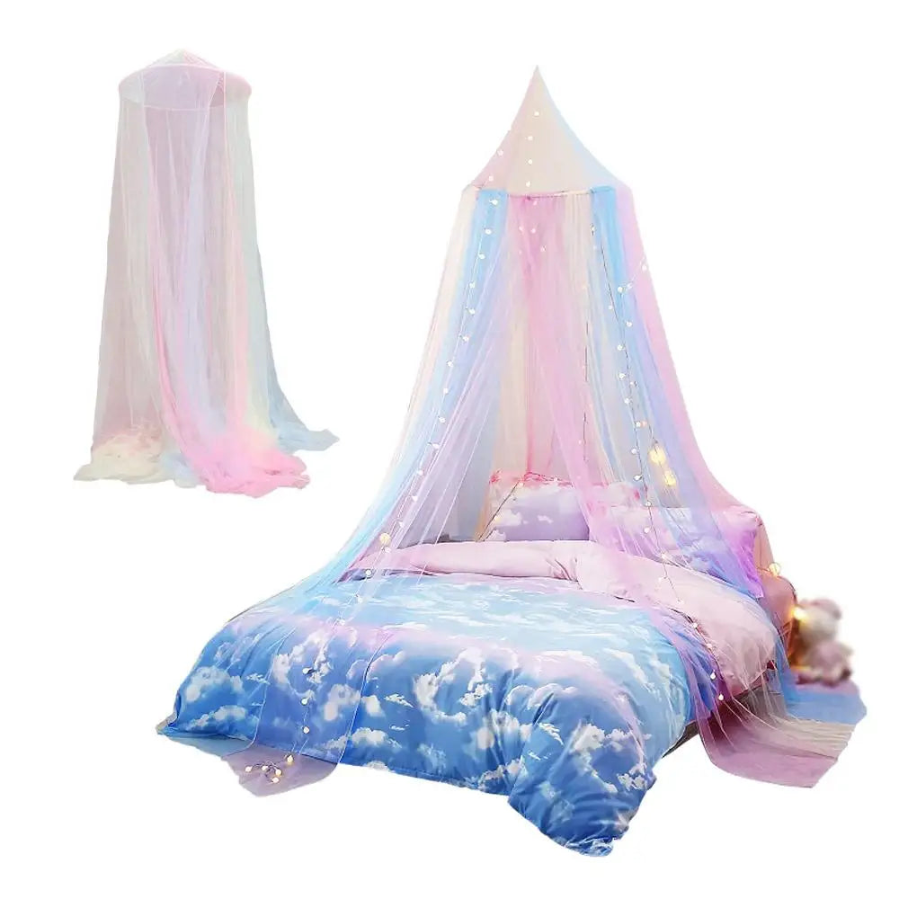 A pink and blue rainbow mesh mosquito netting canopy with a purple bed inside.