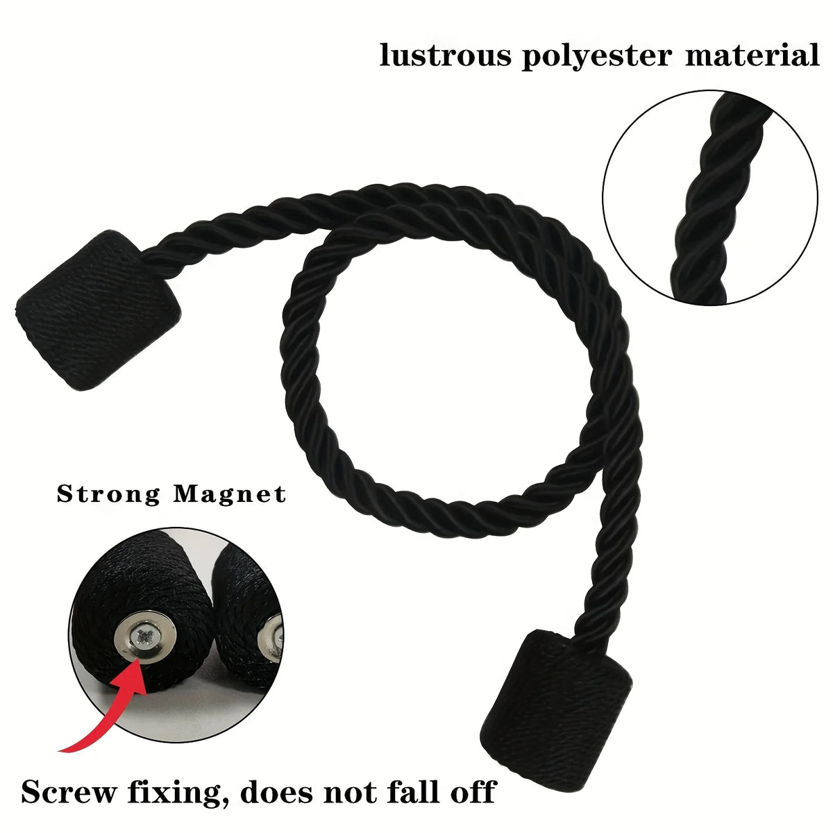 Black lustrous polyester magnetic curtain tiebacks with screw fixing