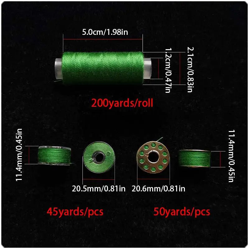 Roll of green prewound sewing machine bobbin threads with various dimensions and yardage per roll.