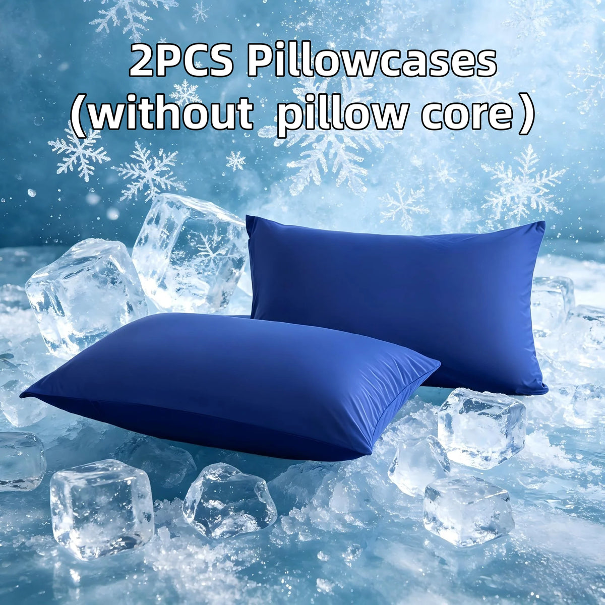 Two blue pillowcases without a pillow core resting on ice cubes in a snowy setting