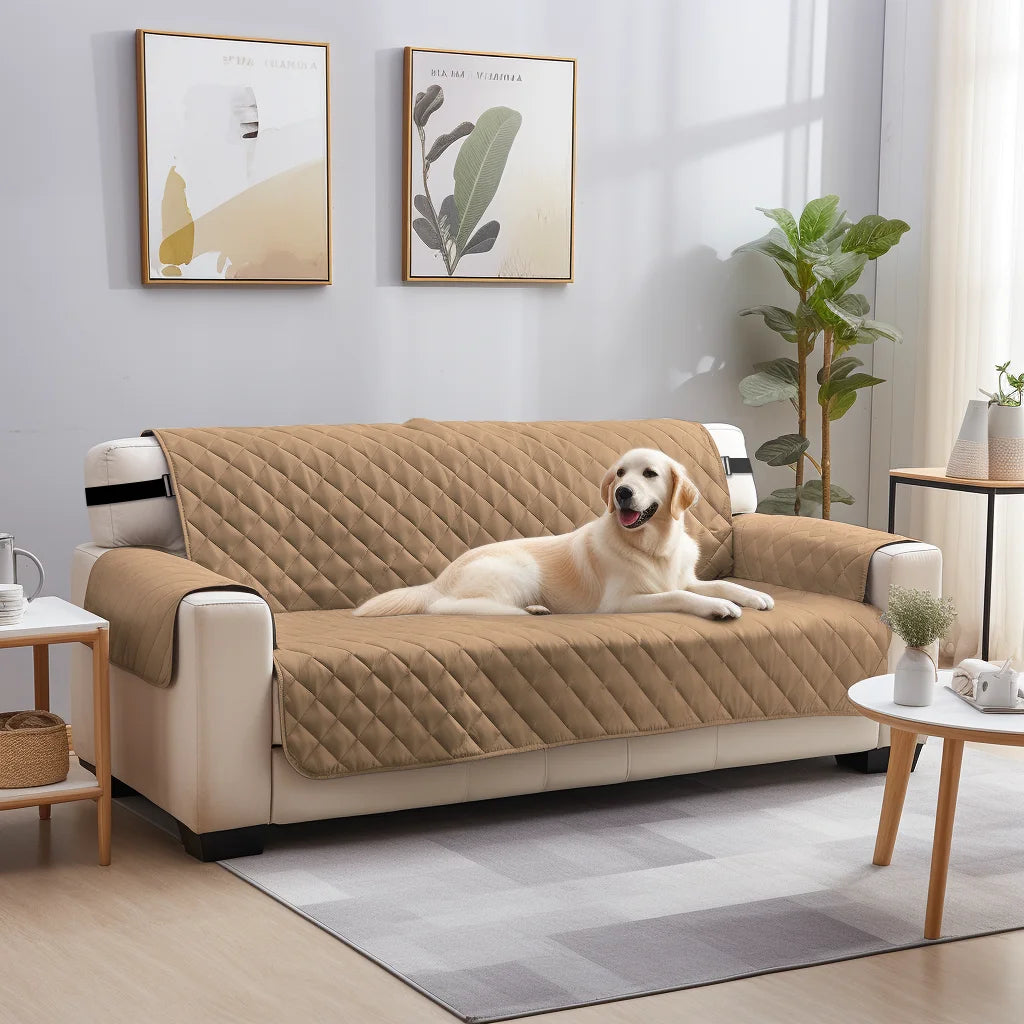 A beige reversible sofa slipcover is displayed on a light gray rug in a modern living room setting.