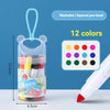 A clear container of 12 washable tapered pen head art markers in various colors is shown next to a marker pen.