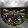 A dark rug featuring a whimsical illustration of a dragonfly surrounded by various colorful flowers and foliage.