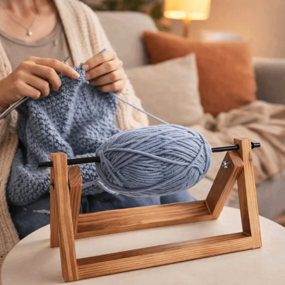 A person is using a wooden rack to hold a large ball of blue yarn for storage.