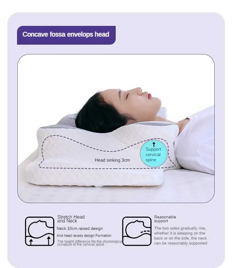 A white memory foam contour neck pillow designed to support the cervical spine for pain-free sleep.