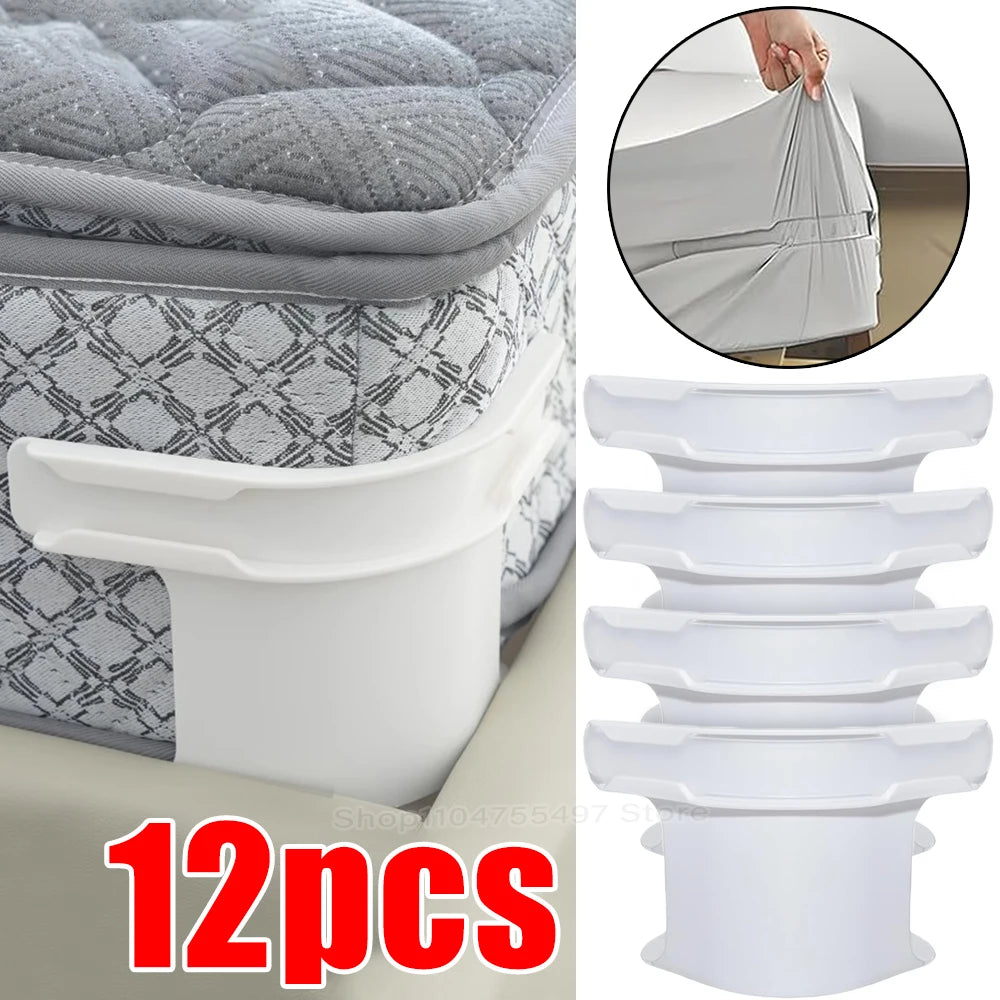 A set of 12 white invisible bedsheet corner tightener clips shown next to a folded gray bedsheet.