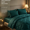 A teal quilted bedding set featuring a comforter, flat sheet, fitted sheet, and four pillowcases displayed on a bed.