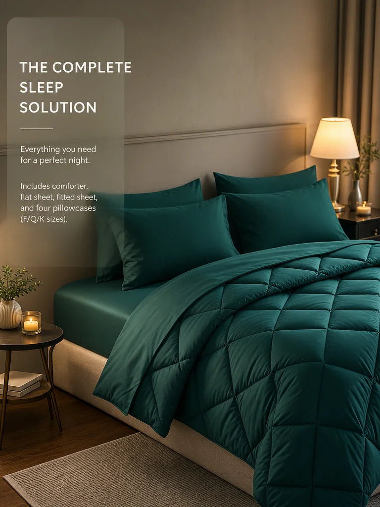 A teal quilted bedding set featuring a comforter, flat sheet, fitted sheet, and four pillowcases displayed on a bed.