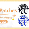 A collection of iron-on embroidered letter patches in various colors and styles, including black, gold, and red.