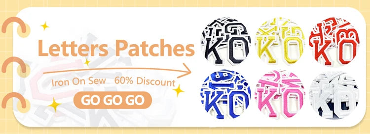 A collection of iron-on embroidered letter patches in various colors and styles, including black, gold, and red.
