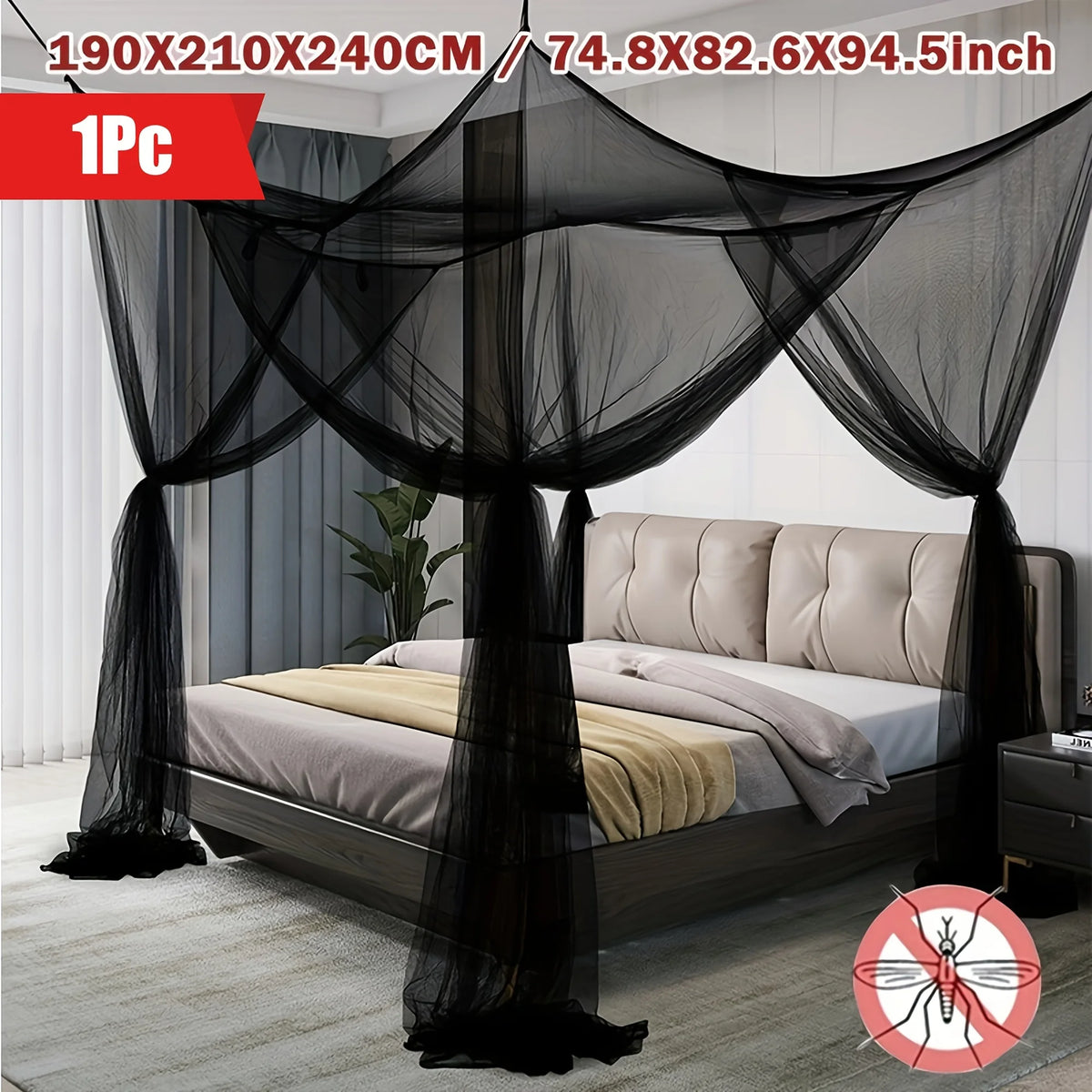Black floor-to-ceiling mosquito net curtain draped over a bed frame.