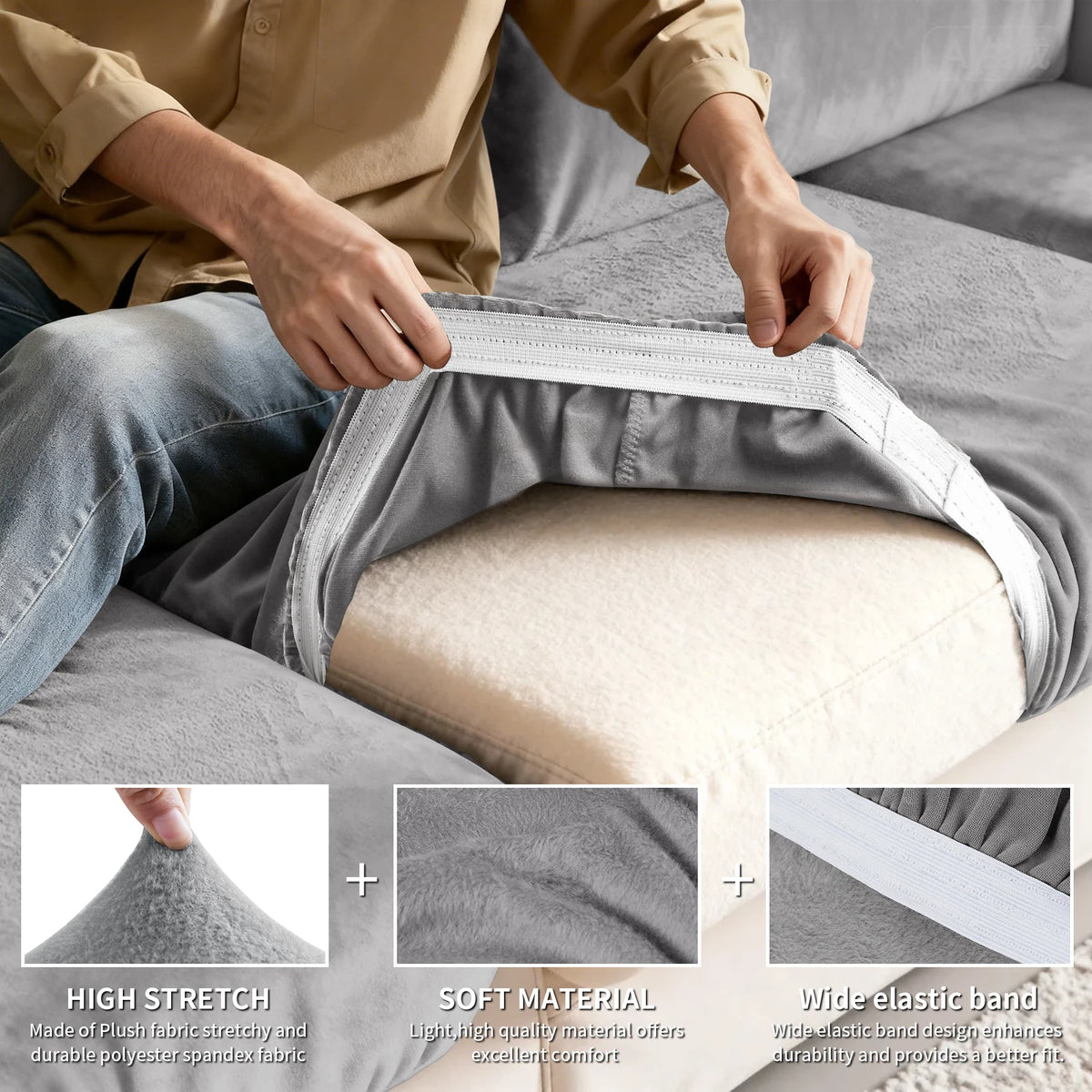 A hand is shown placing a white elastic band onto a gray sofa seat cushion cover for enhanced durability and fit.
