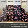 A set of duvet cover and pillowcases featuring a black fabric with pink plaid bow print in dim, warm, cold, and natural light