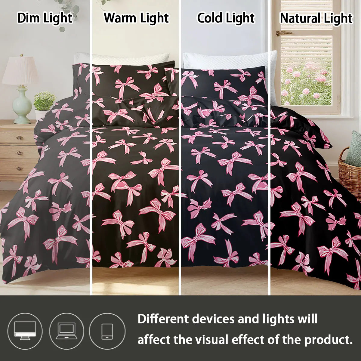 A set of duvet cover and pillowcases featuring a black fabric with pink plaid bow print in dim, warm, cold, and natural light