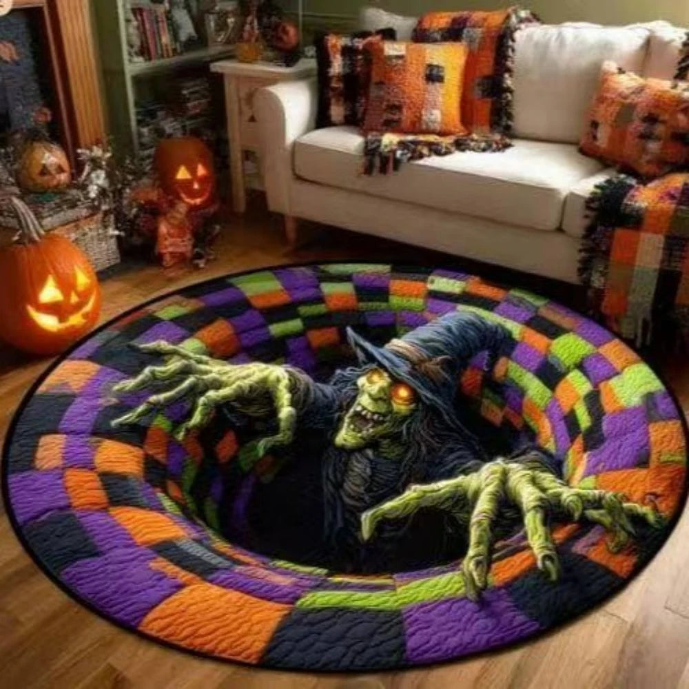A rug shaped like a skull with green tentacles and a witch hat, featuring a vibrant purple and orange pattern.