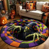 A rug shaped like a skull with green tentacles and a witch hat, featuring a vibrant purple and orange pattern.