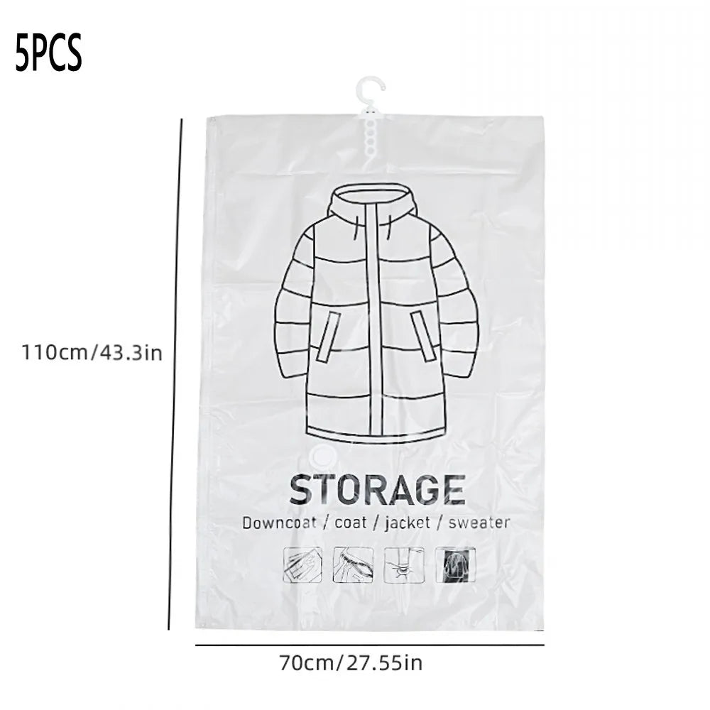 Five pieces of hanging vacuum storage bags for clothing, showing a winter coat or jacket.
