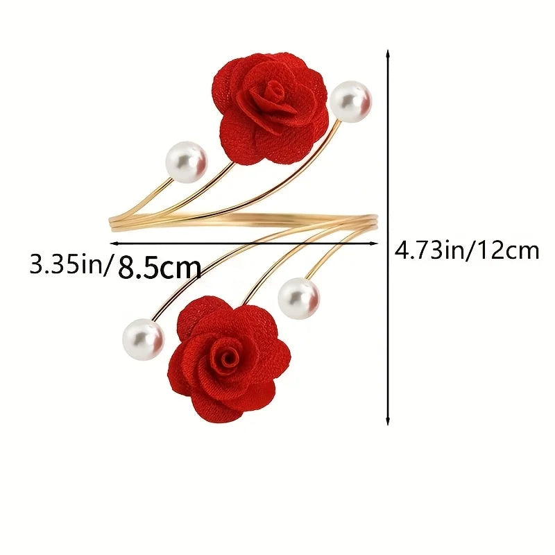 Red fabric rose pattern curtain ties with gold wire stems and pearl metal buckles