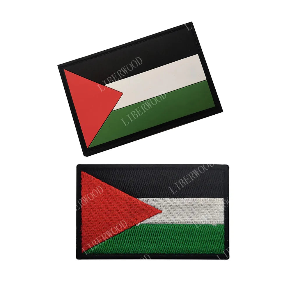 Tactical embroidered patch featuring the Palestinian flag design with red, white, and green stripes on a black background