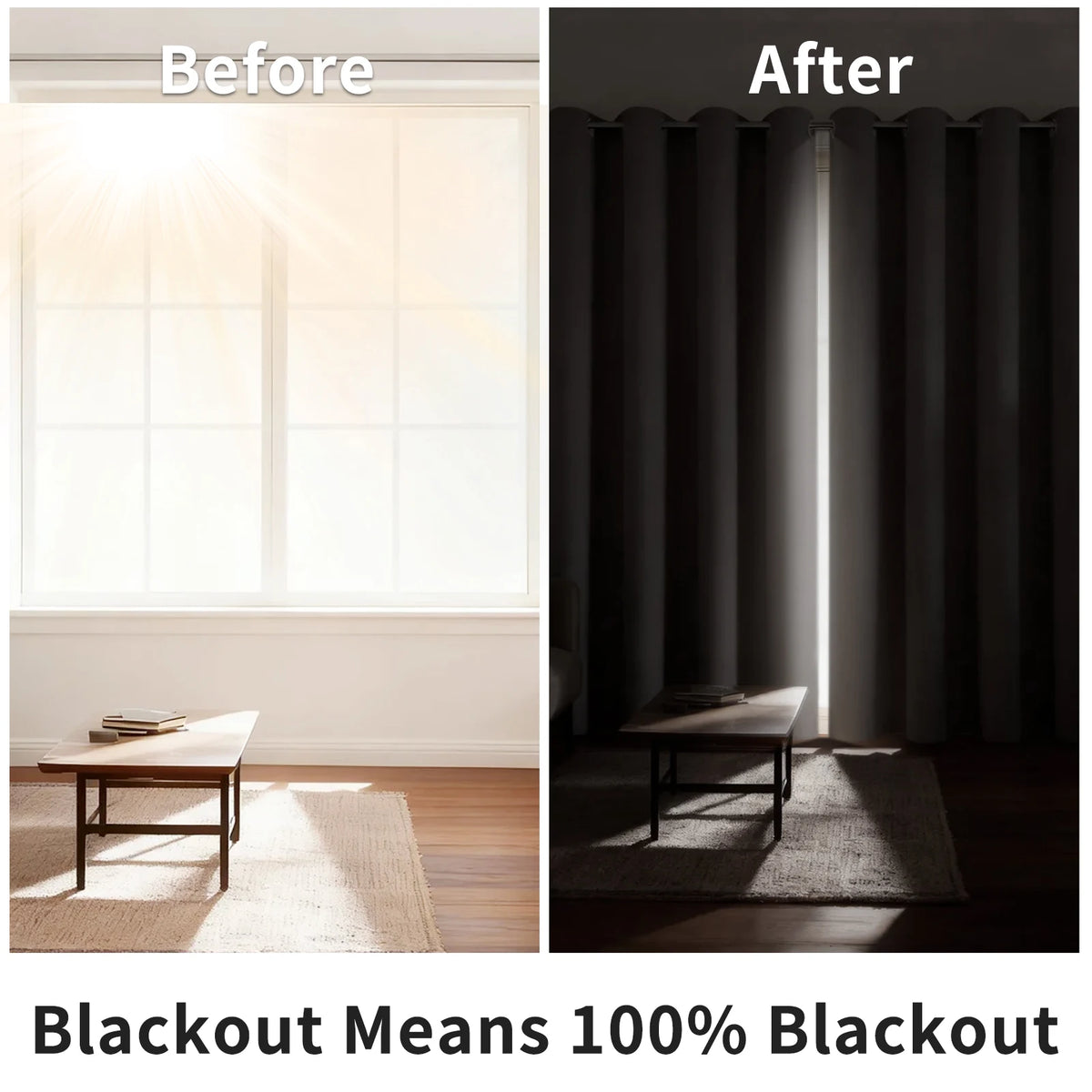 Before and after comparison of blackout thermal window drapes covering a window.