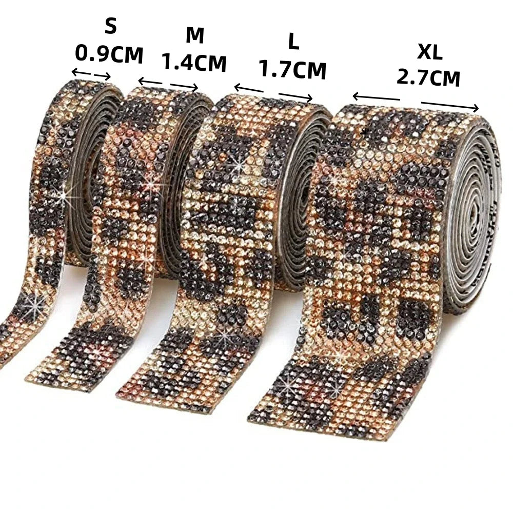 Rolls of self-adhesive crystal rhinestone ribbon in sizes S, M, L, and XL for DIY crafts